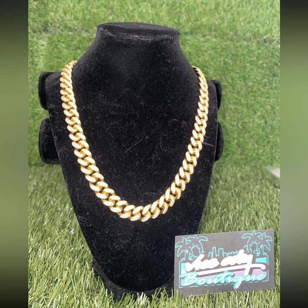 Miami Cuban Link Chain Real Gold Plated Stainless Steel Iced Simulated Diamonds